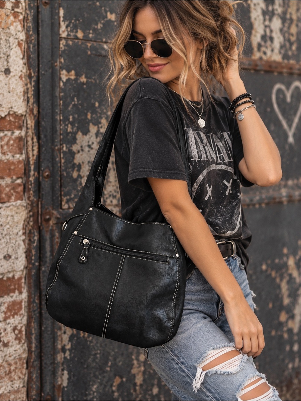 Vintage Tignanello Genuine Leather Black Hobo Shoulder Bag Y2K